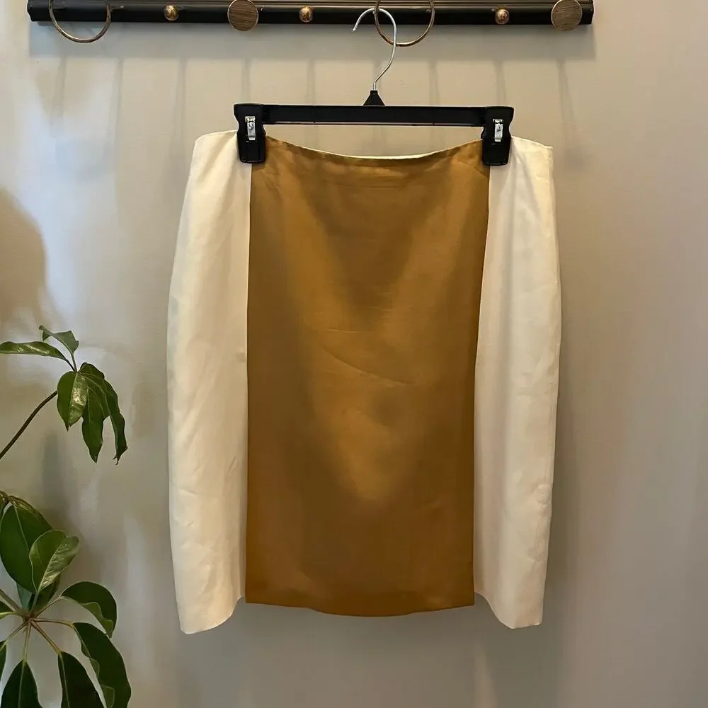 AKRIS 100% Silk Color Block Skirt | Brown, Cream US 10, F 42, D 40, Vents $1590